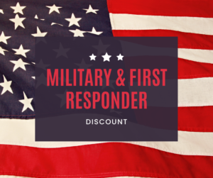 U.S. flag background with a military and first responder discount offer. Text on image reads "MILITARY & FIRST RESPONDER DISCOUNT.