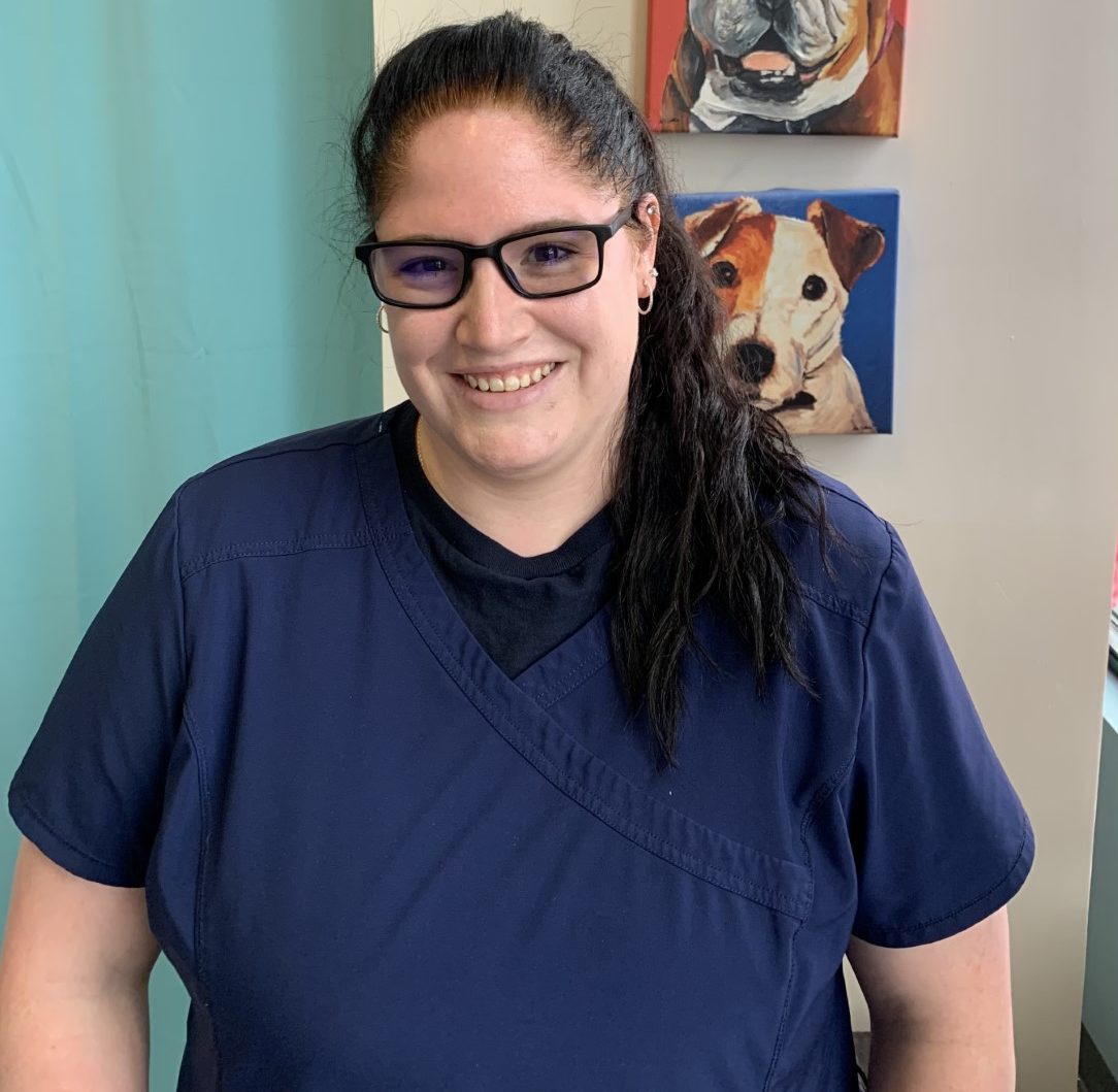 A woman wearing glasses and a navy scrub top smiling in front of paintings of dogs